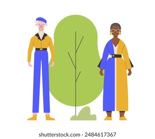 An elderly couple standing next to a tree. Companionship and a love for nature. Peaceful outdoor lifestyle, ideal for concepts around retirement, health, and family bonding. Vector flat. 
