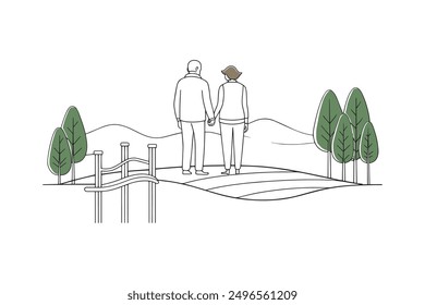 
An elderly couple standing on a wooden bridge overlooking a serene river Hand drawn offset fill with doodle illustration.