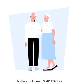 Elderly Couple Standing Together In Flat Vector Illustration Symbolizing Love, Long Term Relationship, And Aging Gracefully, Isolated On White Background