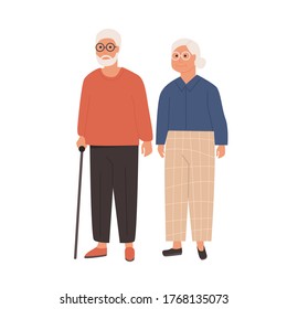 Elderly couple standing together. Grandfather with walking stick and grandmother. Senior man and woman on white background. Senior people healthcare assistance. Vector illustration of old people.