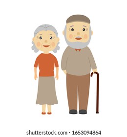 Elderly couple standing together. Grandmother and grandfather flat design.  Grandparents vector illustration on white background.