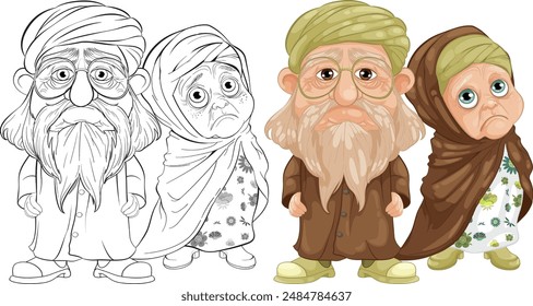 Elderly couple standing together, looking concerned