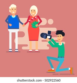 Elderly couple standing together and posing to the professional photographer. Vector flat design illustration. Character kit. 