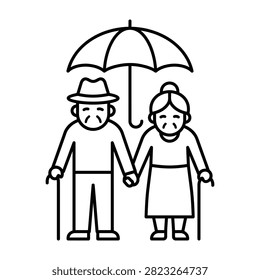 Elderly couple standing together under an umbrella line art with umbrella partnership illustration