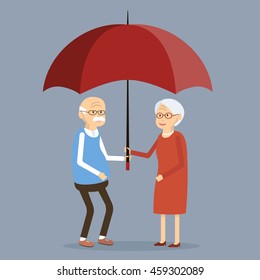 Elderly couple standing under a red umbrella. Social protection in older age concept. Happy seniors smiling. Vector illustration flat design