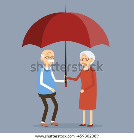 Elderly couple standing under a red umbrella. Social protection in older age concept. Happy seniors smiling. Vector illustration flat design