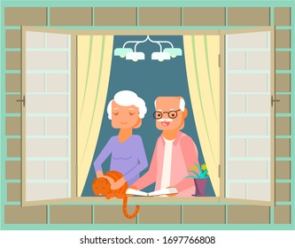 Elderly couple standing at the window, vector flat illustration. Stay home, quarantine preventive measures to stay healthy during corona virus pandemic. Novel virus COVID-19 disease spread prevention.