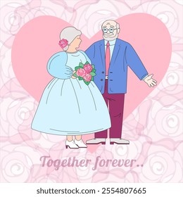 An elderly couple stands against a background of hearts and roses.