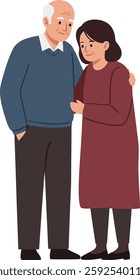 An elderly couple stands closely together, sharing a tender moment with smiles, dressed in cozy clothing that reflects their warmth and connection.