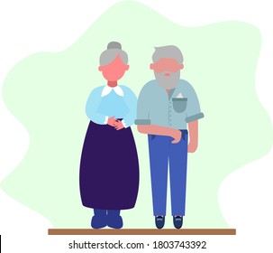 An elderly couple stands hand in hand. Vector flat illustration, with a simple background