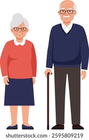 An elderly couple stands side by side, the woman in a red top and blue skirt, while the man wears a dark sweater, both exuding warmth and happiness.