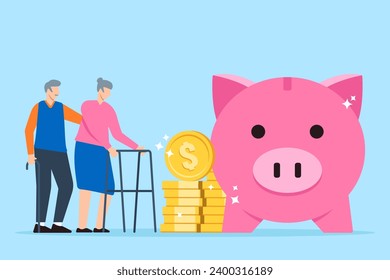 Elderly couple stands with stack dollar coins and pink piggy bank in flat design svg