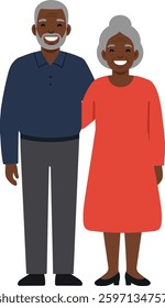 An elderly couple stands together, beaming with joy, showcasing their love and warmth in a cheerful, colorful flat design scene.