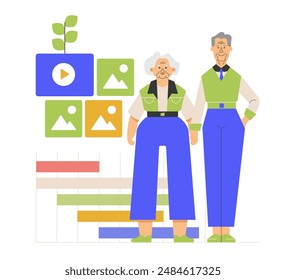 An elderly couple stands together holding hands, surrounded by digital icons representing photos and videos. Life's timeline and shared memories, perfect for themes of family history and legacy.