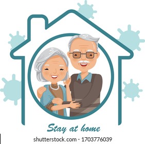 Elderly couple stay at home. Campaign and coronavirus prevention family smiling and staying together. Concept for stay at home family. House simple symbols. Vector