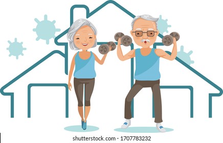 Elderly couple stay at home. Exercising lifting dumbbells at home. Campaign and coronavirus prevention family smiling and staying together. Concept for stay at home family. House simple symbols.Vector