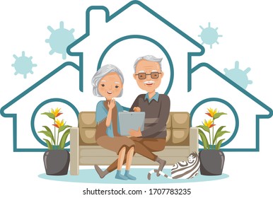 Elderly couple stay at home. Sit on the sofa together for online communities. Campaign and coronavirus prevention family smiling and staying together. Concept for stay at home family. Simple symbols.