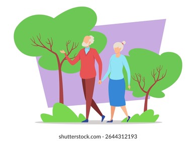 Casal idoso passeando pelo parque, de mãos dadas, cercado por árvores. Homem gesticulando animadamente enquanto eles desfrutam de seu tempo juntos, provavelmente compartilhando conversa alegre