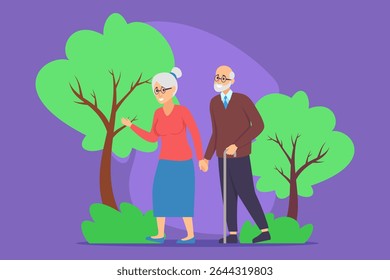 Casal idoso passeando por um parque vibrante, de mãos dadas. Mulher usando óculos, homem usando bengala, vestida com suéter acolhedor