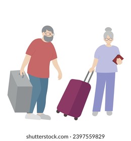 Elderly couple with suitcases, isolate on white, flat vector, faceless illustration, grandparents traveling