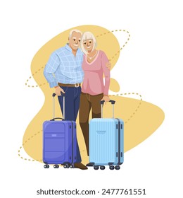 Elderly couple with suitcases ready for travel on a white background, representing a concept of senior travel. Vector illustration