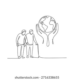 Elderly couple supporting the world in their hands a continuous line drawing