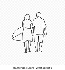 Elderly couple with surfboard linear illustration