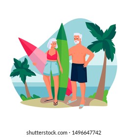 Elderly couple with surfboards by the ocean. Vector flat cartoon illustration of summer beach outdoor leisure. Concept of active healthy lifestyle of seniors.