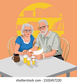 An elderly couple takes pills sitting at a table