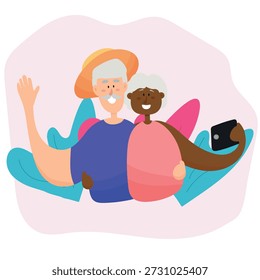 An elderly couple takes a selfie while traveling. Active grandparents travel together. multi-ethnic