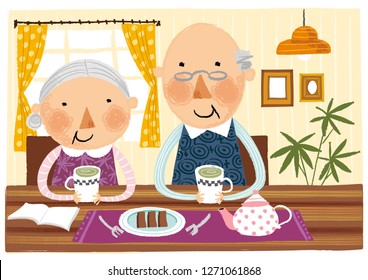 Elderly couple taking breakfast