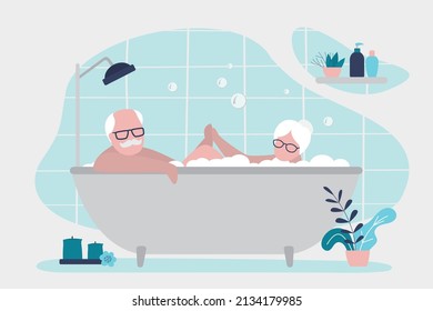 Elderly couple taking bubble bath together. Grandma and grandpa hold hands while bathing. Home spa treatments. Restroom interior design. Grandparents relaxing in bathtub. Flat vector illustration