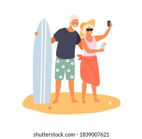 Elderly couple taking selfie on summer beach. Cheerful grandparents having summer vacation together. Husband with surfboard hug wife with cocktail. Flat vector cartoon illustration isolated on white