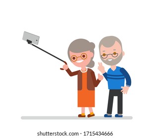 Elderly couple taking selfie with walking stick. Happy grandma grandpa taking photo using smartphone. Vector cartoon character illustration.