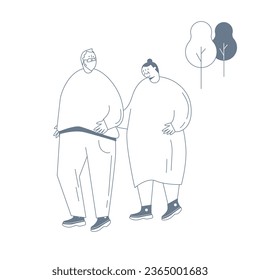 An elderly couple taking a walk.