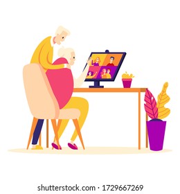 Elderly couple talk by video conference with family: children and grandchildren. Old lady and old man online via video chat at home. Flat style illustration