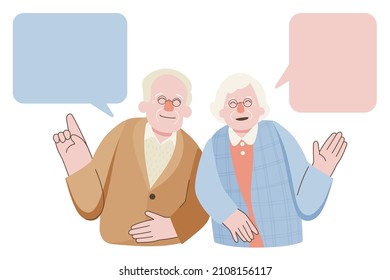 Elderly couple talking vector. Happy senior couple for chatting, messaging, gossiping and informative concept. People wife and husband. Happy senior couple for valentine’s day. vector illustration