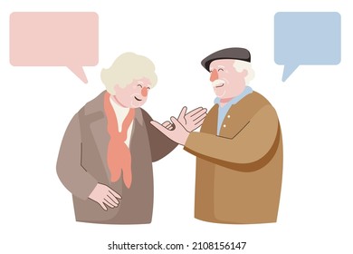 Elderly couple talking vector. Happy senior couple for chatting, messaging, gossiping and informative concept. People wife and husband. Happy senior couple for valentine’s day. vector illustration