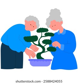 elderly couple tending to a bonsai tree, gardening hobby flat vector illustration