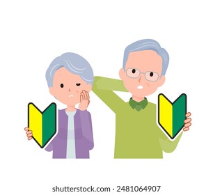 Elderly couple in their 70s-80s. Beginner mark Anxious expression.
