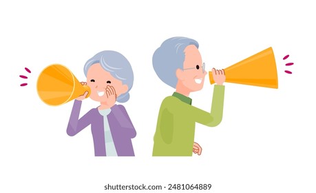 Elderly couple in their 70s-80s. Cheering with a megaphone．Looking sideways.