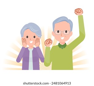 Elderly couple in their 70s-80s. Emotion, excitement, delight.