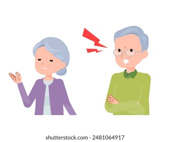 Elderly couple in their 70s-80s. He questions her harshly.