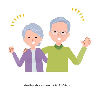 Elderly couple in their 70s-80s. Smiling and putting their arms around each other's shoulders.