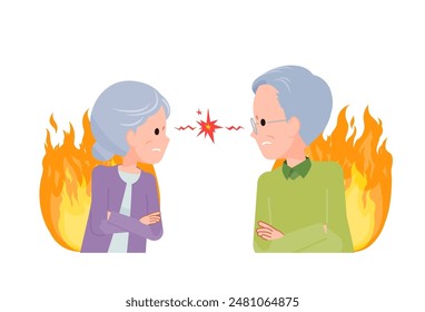 Elderly couple in their 70s-80s. A standoff during a fight that is on the verge of exploding.