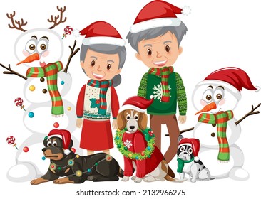 Elderly couple and their dogs wearing Christmas outfits  illustration