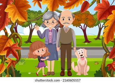 Elderly couple with their grandchild and dog illustration
