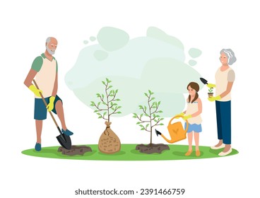 An elderly couple and their granddaughter are planting tree seedlings in a garden or public park. Green Planet. Take care of the environment. Vector illustration in flat style.
