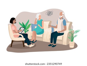 An elderly couple is in a therapy session in a family psychologist's office. Counseling, training, problem solving and psychological assistance. Vector illustration in a flat style.