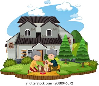 La pareja de ancianos y su perro frente a la ilustración de la casa